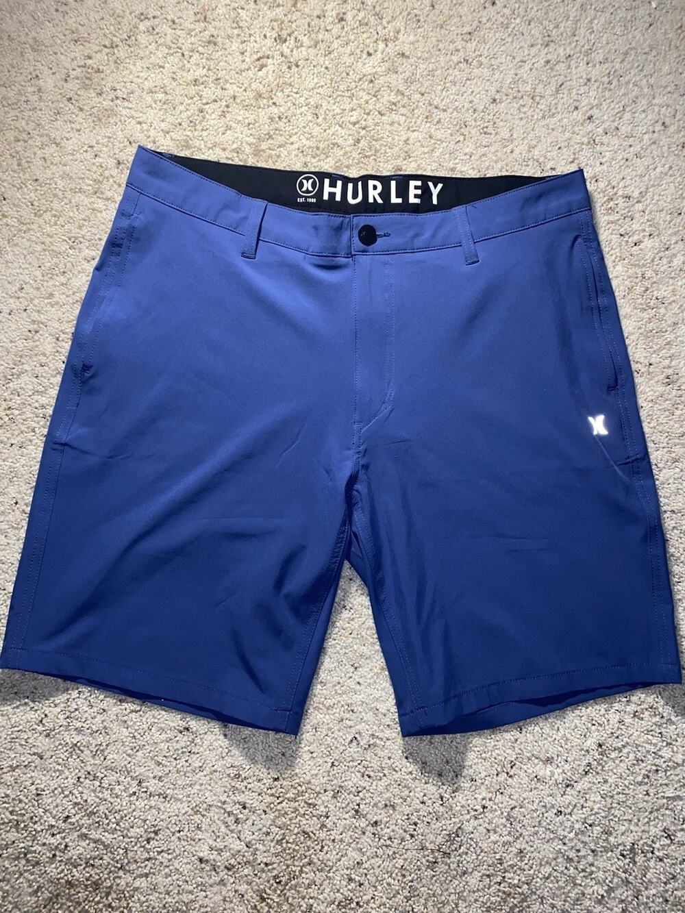Hurley Mens 36 Blue Chino Golf Work Shorts Flat Front Solid Logo Button Pockets